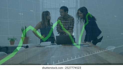 Image of graph with changing numbers over diverse coworkers discussing reports on laptop. Digital composite, multiple exposure, business, growth, planning, teamwork and technology concept.