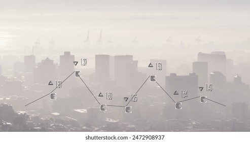 Image of graph with changing numbers and viewfinders over modern cityscape against cloudy sky. Digital composite, multiple exposure, report, business, growth, buildings and architecture concept.