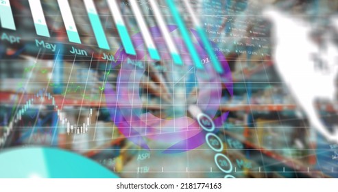 Image Of Graph, Charts, Globe And Data Processing Over Warehouse Interior. Global Communication, Business, Data And Digital Interface Concept Digitally Generated Image.