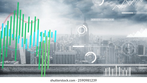 Image of graph and charts processing data over cloudy cityscape. Connection, data, business, processing, digital interface and communication, digitally generated image.