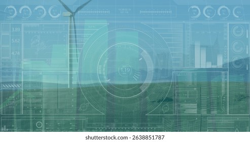 Image of graph data with hud processing on digital interface over wind turbine field. Digital composite, multiple exposure, technology, power generation, sustainable energy, development, economy.