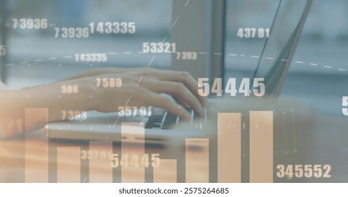 Image of graph and data processing over hands of caucasian woman using laptop. Connection, data, business, processing, digital interface and communication, digitally generated image.