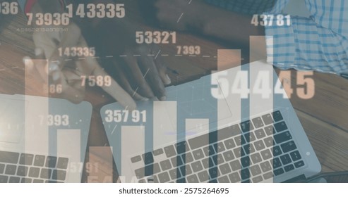 Image of graph and data processing over hands of diverse colleagues using laptops. Connection, data, business, processing, digital interface and communication, digitally generated image.