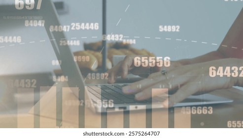 Image of graph and data processing over hands of caucasian woman using laptop. Connection, data, business, processing, digital interface and communication, digitally generated image.