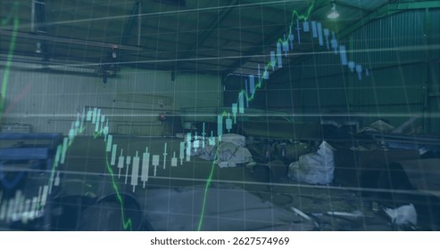 Image of graph with data processing over grid and landfill site. Global technology, finances and digital interface concept digitally generated image.
