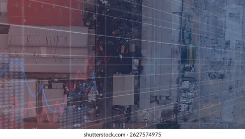 Image of graph with data processing over grid and landfill site. Global technology, finances and digital interface concept digitally generated image.