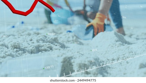 Image of graph declining with numbers over multiracial people cleaning beach. Digital composite, multiple exposure, report, recession, business, community, waste, pollution and recycling concept. - Powered by Shutterstock