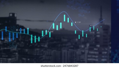 Image of graph with fluctuating data points displayed on digital screen. cityscape with tall buildings and lights in background creating a vibrant scene - Powered by Shutterstock - Get 15% off with code: PIKWIZARD15