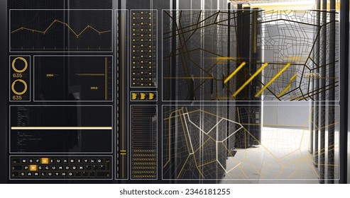 Image of graph, loading circles and bars, lines, navigation pattern over server room. Digital composite, multiple exposure, report, business, progress, direction, technology, network server.