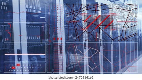Image of graph, loading circles, navigation pattern and keyboard over server room. Digital composite, multiple exposure, report, business, progress, direction, technology and network server.
