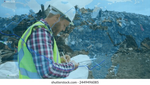 Image of graph and map over caucasian worker holding clipboard and walking in dumping yard. Digital composite, multiple exposure, report, finance, global, waste, garbage and recycling concept. - Powered by Shutterstock