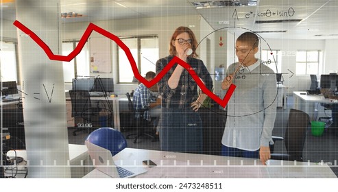 Image of graph, mathematical equations, diagrams, diverse female architects discussing blueprint. Digital composite, report, business, education, teamwork, profession and technology concept.