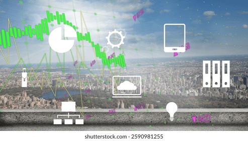 Image of graph, media icons and processing data over blue sky and cityscape. Connection, data, business, processing, digital interface and communication, digitally generated image.