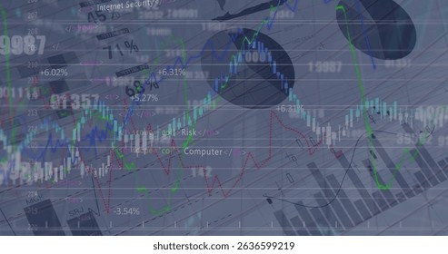 Image of graph over data processing and malware warning. Global communication, business, data security and digital interface concept digitally generated image.