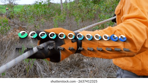 Image of graph over lumberjack. Global connections, data processing and digital interface concept digitally generated image.