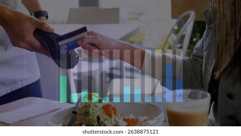 Image of graph over male barista taking card payment from customer. Global communication, business, data and digital interface concept digitally generated image.