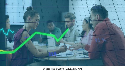 Image of graph processing data over diverse colleagues discussing at casual meeting. Digital interface, network, business, teamwork and global communication, digitally generated image. - Powered by Shutterstock