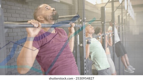 Image of graph processing data over diverse group on pull up bars cross training at gym. Fitness, exercise, strength, data, digital interface and technology digitally generated image.