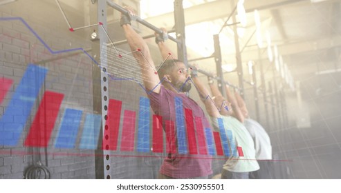 Image of graph processing data over diverse male group training on pull up bars at gym. Fitness, exercise, strength, data, digital interface and technology digitally generated image.