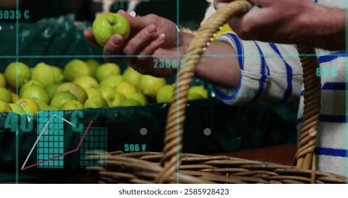 Image of graph processing data over caucasian woman selecting lemons in shop. Connection, food, nutrition, healthy lifestyle, digital interface and communication, digitally generated image.