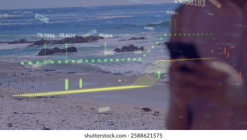Image of graph and processing data over caucasian woman at beach using smartphone. Connection, data, processing, business, digital interface and global communication, digitally generated image.