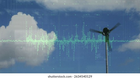 Image of graph and processing data over wind turbine against cloudy blue sky. Renewable resources, energy, ecology and digital interface technology concept digitally generated image.