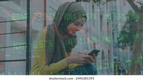 Image of graph, trading board, biracial woman wearing hijab smiling while chatting on cellphone. Digital composite, multiple exposure, report, business, stock market and technology concept. - Powered by Shutterstock