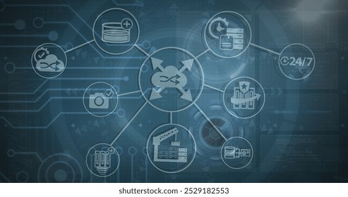 Image of graphical flow charts with computer icons against interface screen. Hologram, digitally generated, multiple exposure, database, communication, infographic, futuristic and technology.