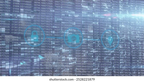 Image of graphical padlock, camera and gps icons in circle over changing binary codes. Digitally generated, multiple exposure, coding, direction, photography, data and network security concept.