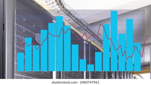 Image of graphs against server racks in server room. Digital composite, multiple exposure, report, network security, data center, networking, technology and network server concept.