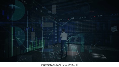 Image of graphs and back view of caucasian businessman using touchscreen. Finance, business, data processing and internet safety concept digitally generated image.