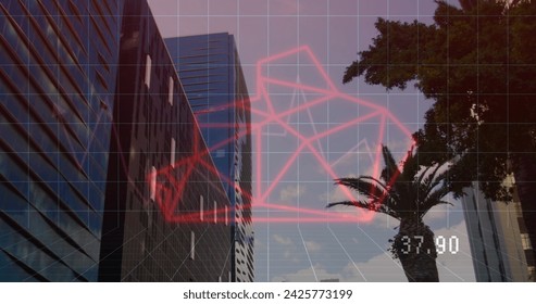 Image of graphs and bear head over cityscape. Global network, connections, communication, data processing, finance and technology concept digitally generated image.