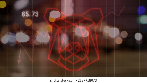 Image of graphs and bear head over blurred road traffic. Global network, connections, communication, data processing, finance and technology concept digitally generated image.