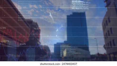Image of graphs, binary codes, computer language, low angle view of buildings against sky. Digital composite, multiple exposure, report, business, coding, city, architecture and technology.