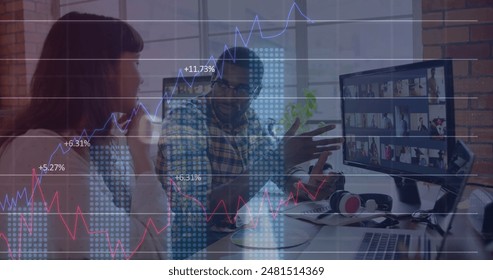 Image of graphs, binary codes, computer language, diverse coworkers discussing about pictures. Digital composite, multiple exposure, report, business, coding, teamwork and technology concept.