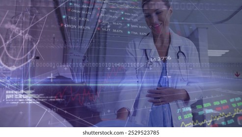 Image of graphs, binary codes, computer language, diverse female doctor discussing with patient. Trading board, digital composite, report, business, stock market, coding, medical and technology.