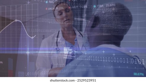 Image of graphs, binary codes, computer language, diverse female doctor examining patient. Trading board, digital composite, report, business, stock market, coding, healthcare and medical concept.