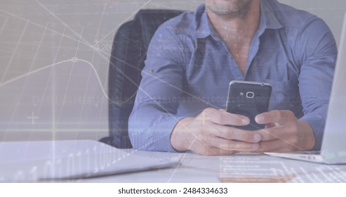 Image of graphs, binary codes, trading board over caucasian businessman using smartphone. Digital composite, report, business, computer language, stock market and technology concept.