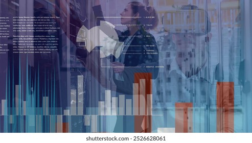 Image of graphs, caucasian man using vr headset, caucasian female technician working server room. Digital composite, multiple exposure, report, business, networking, technology and network server. - Powered by Shutterstock