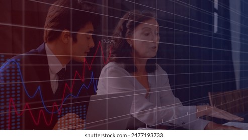 Image of graphs, changing numbers, caucasian female architect explaining blueprint to coworker. Digital composite, multiple exposure, report, growth, teamwork, planning and business concept. - Powered by Shutterstock
