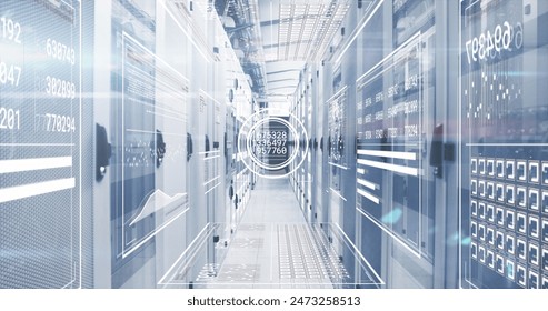 Image of graphs, changing numbers, loading circles and bars over server room. Digital composite, report, business, growth, progress, data center, networking, technology and network server concept. - Powered by Shutterstock