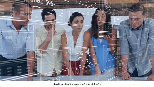 Image of graphs, changing numbers, loading circles and bars, diverse coworkers sharing ideas. Digital composite, multiple exposure, report, business, progress, teamwork and technology concept.