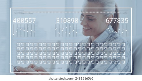 Image of graphs, changing numbers, loading squares, caucasian woman using laptop and cellphone. Digital composite, multiple exposure, report, business, progress and technology concept.