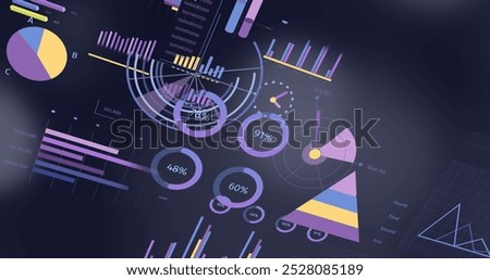 Image of graphs, changing numbers, loading circles and bars over black background. Digitally generated, hologram, illustration, report, growth, progress, abstract and business concept.