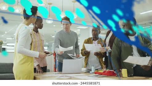 Image of graphs, changing numbers and map over diverse coworkers sharing ideas in office. Digital composite, multiple exposure, report, business, global, planning, teamwork and technology. - Powered by Shutterstock - Get 15% off with code: PIKWIZARD15