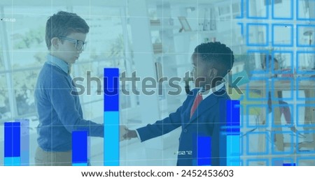 Image of graphs, changing numbers and map over schoolboys shaking hands in classroom. Digital composite, multiple exposure, report, business, global, greeting and childhood concept.