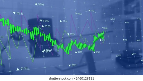 Image of graphs with changing numbers over unoccupied chair and desktop on desk at office. Digital composite, multiple exposure, report, business, growth and technology concept.