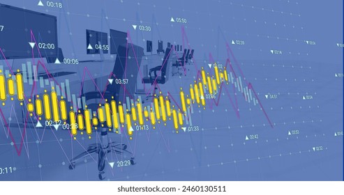 Image of graphs with changing numbers over unoccupied chairs and desktops in office. Digital composite, multiple exposure, report, business, growth, digits and technology concept.