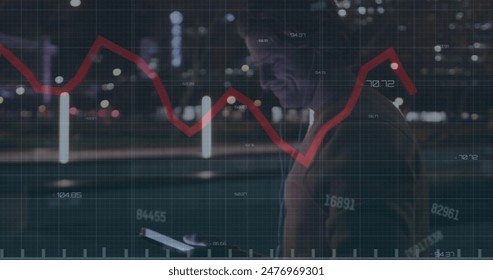 Image of graphs and changing numbers over caucasian man walking and using smartphone. Digital composite, multiple exposure, report, business, growth and technology concept.