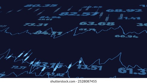 Image of graphs and changing numbers over black background. Digitally generated, hologram, illustration, report, growth, abstract, digits and business concept.